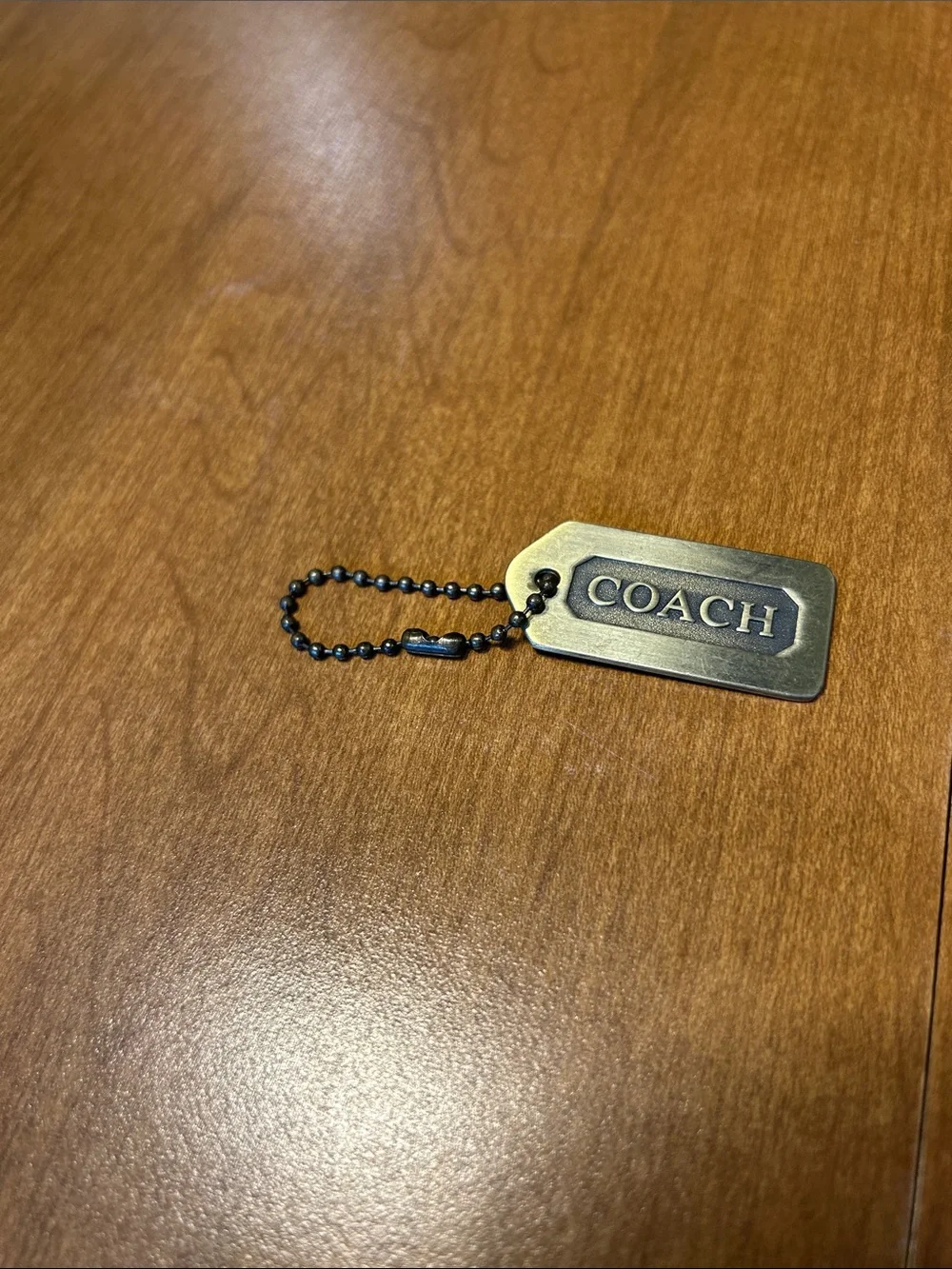 Coach Brass Dog Tag Keychain in Antique Gold with Black Chain